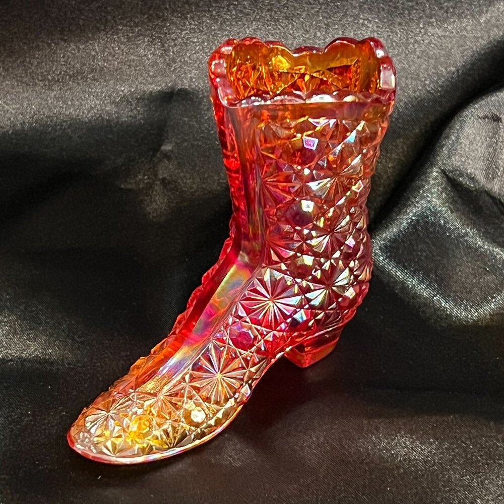 Vintage Fenton Glass Amberina Daisy Button High Top Shoe Boot Cadmium UV Glow